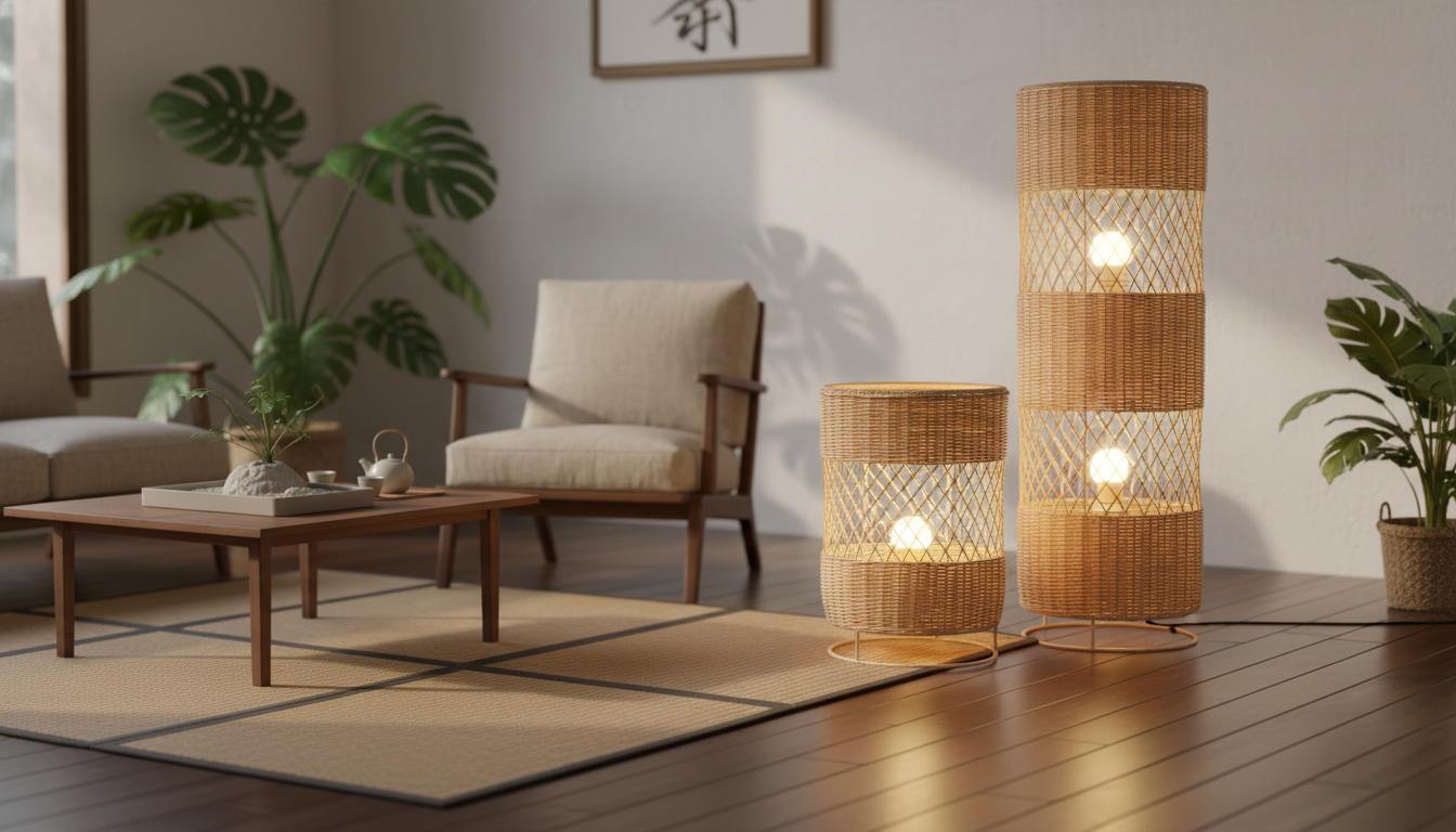 Zen Rattan LED Floor Lamp: Warm Japanese-Style Glow